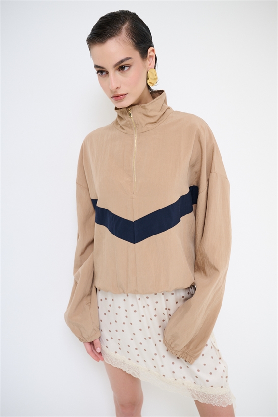 BOMBER BICOLOR CON ZIP E COLLO IMBUTO CAMMELLO/BLU