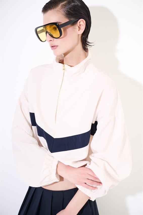 BOMBER BICOLOR CON ZIP E COLLO IMBUTO PANNA/BLU