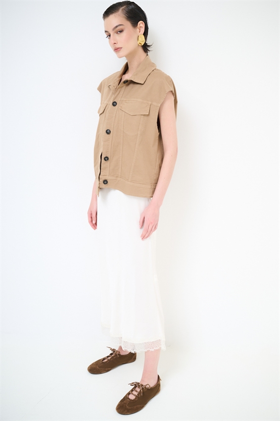 GILET IN GABARDINA CON TASCHE CAMMELLO