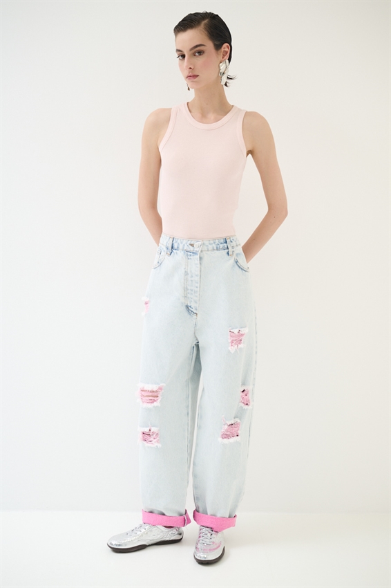 JEANS MARMORIZZATO CON STRAPPI E INTERNO FLUO