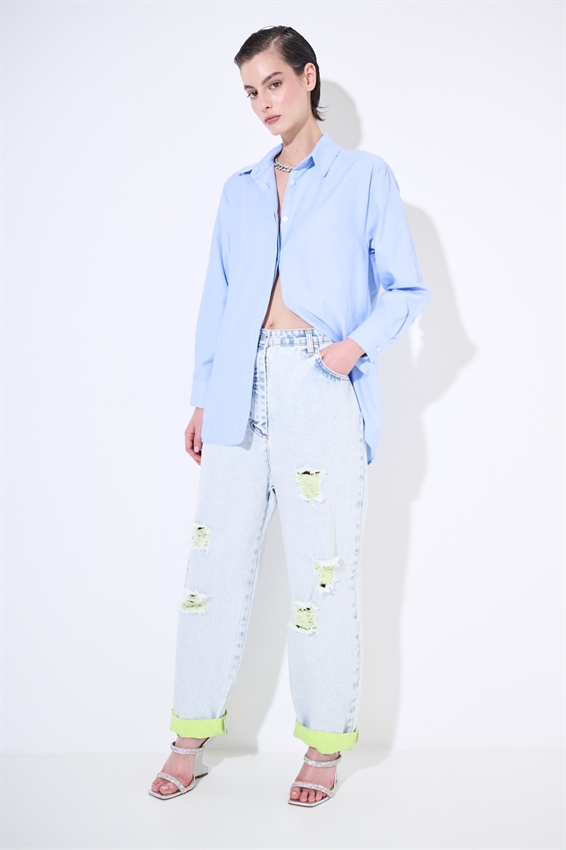 JEANS MARMORIZZATO CON STRAPPI E INTERNO FLUO