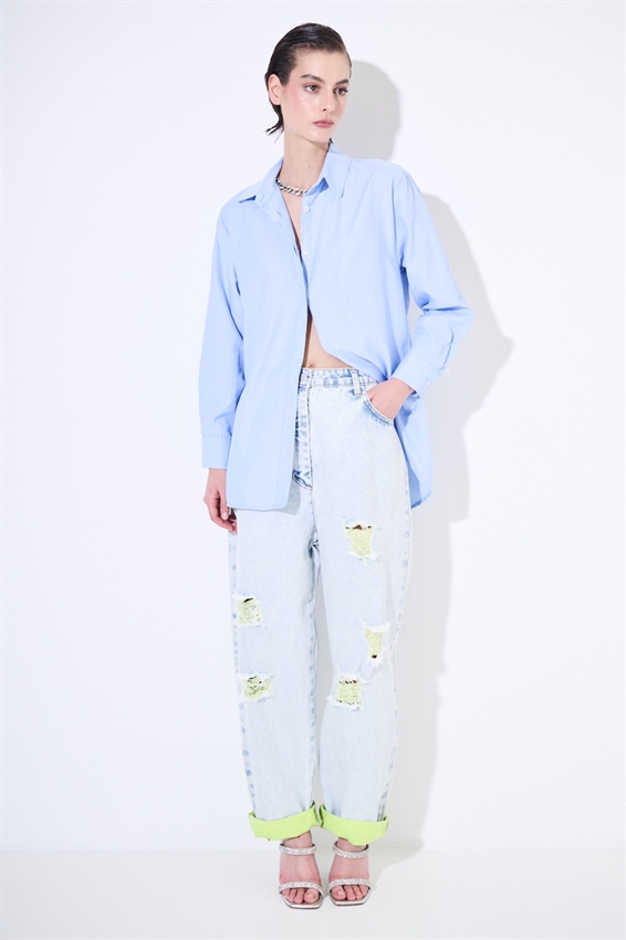 JEANS MARMORIZZATO CON STRAPPI E INTERNO FLUO