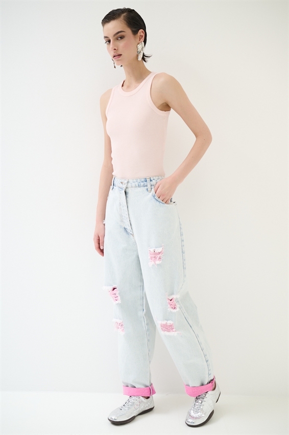 JEANS MARMORIZZATO CON STRAPPI E INTERNO FLUO