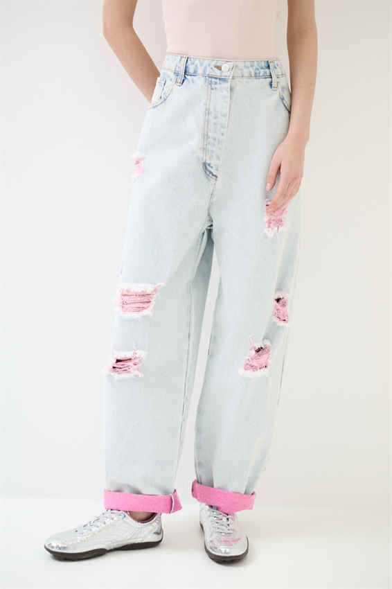 JEANS MARMORIZZATO CON STRAPPI E INTERNO FLUO