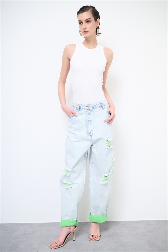 JEANS MARMORIZZATO CON STRAPPI E INTERNO FLUO VERDE