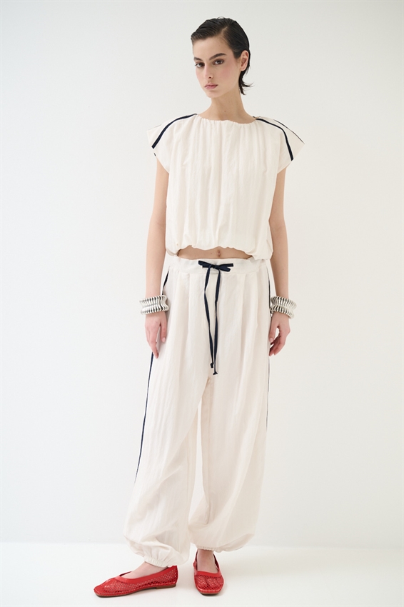 PANTALONE DRITTO CON BANDA A CONTRASTO BURRO/BLU