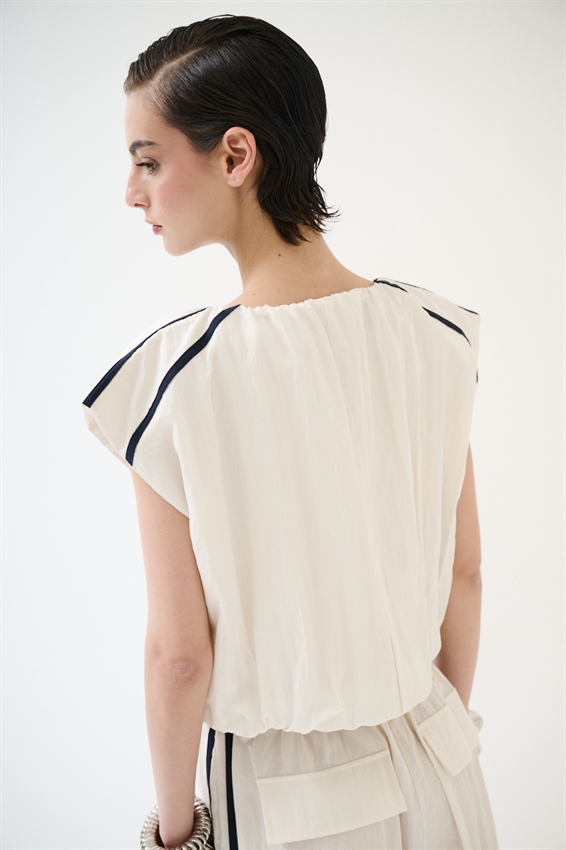 CROP TOP CON STRISCE SULLA SPALLA BLU/BURRO