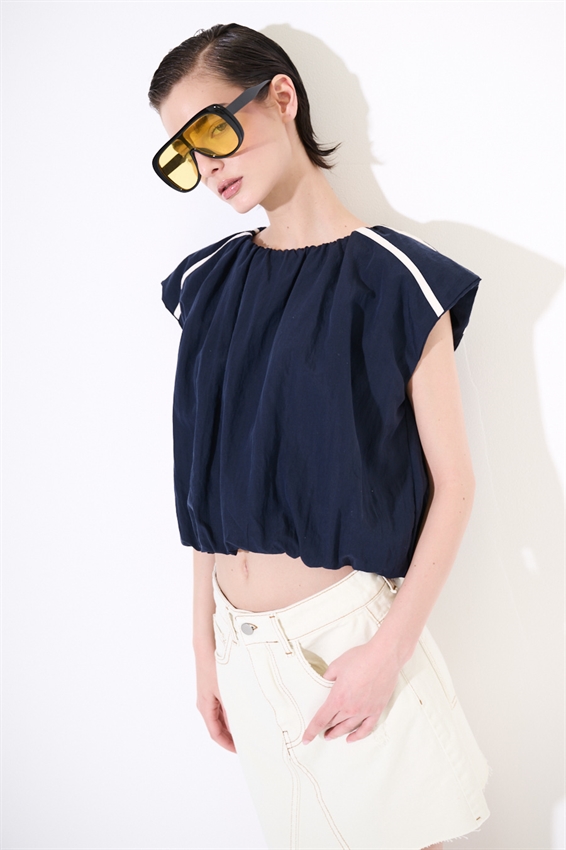 CROP TOP CON STRISCE SULLA SPALLA BURRO/BLU