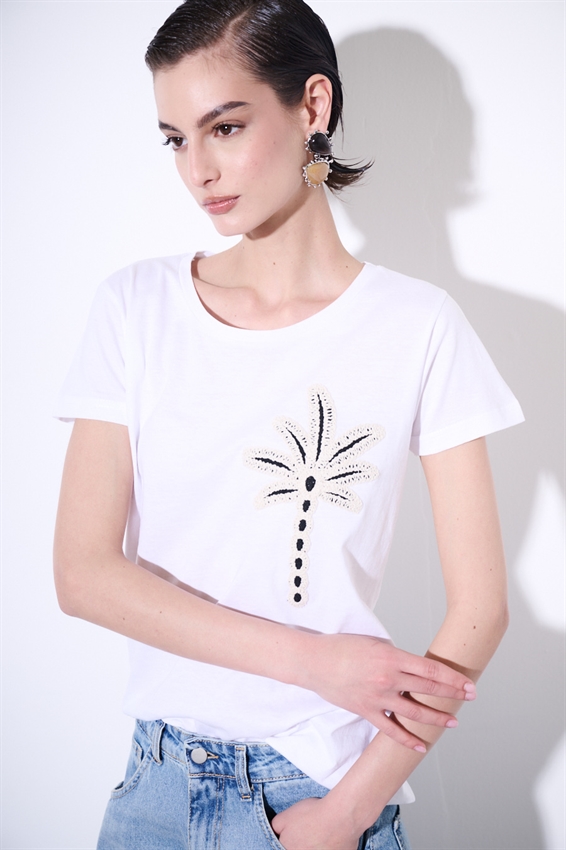 T-SHIRT BASIC CON APPLICAZIONE PALMA BIANCO