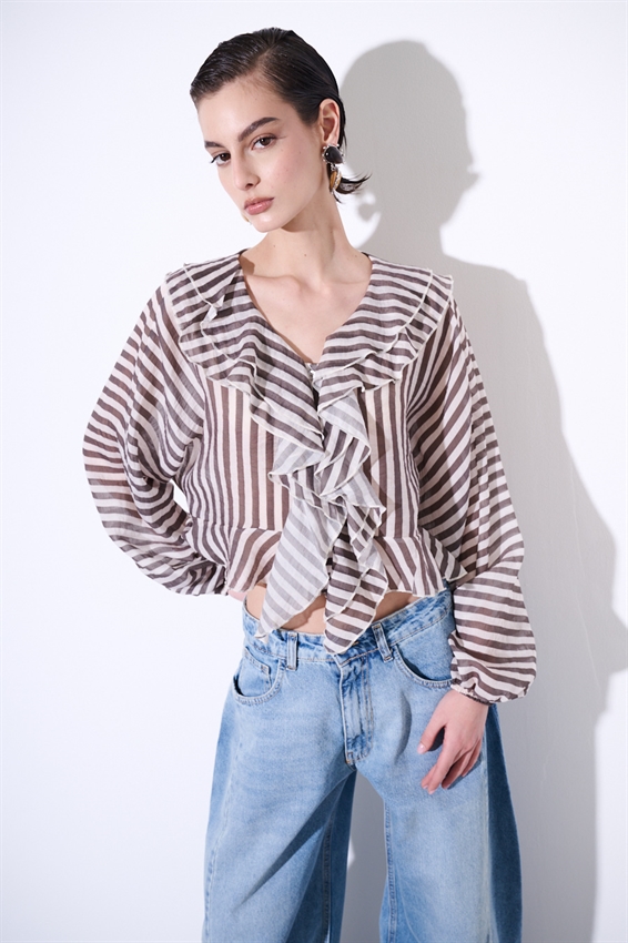 CAMICIA CON VOLANT A RIGHE NERO/BURRO