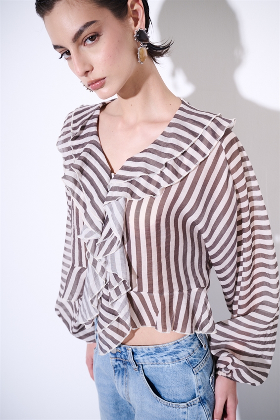 CAMICIA CON VOLANT A RIGHE NERO/BURRO