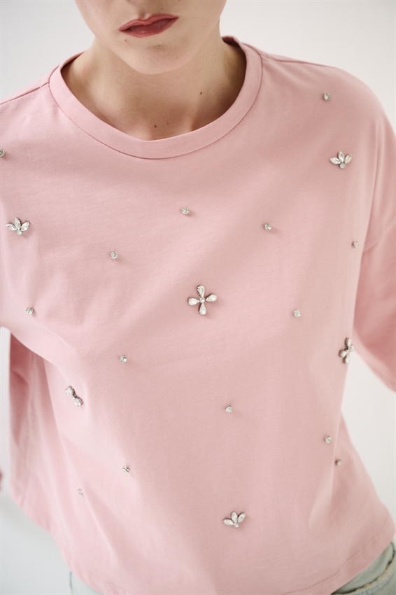 T-SHIRT CON APPLICAZIONE CASTONI ROSA