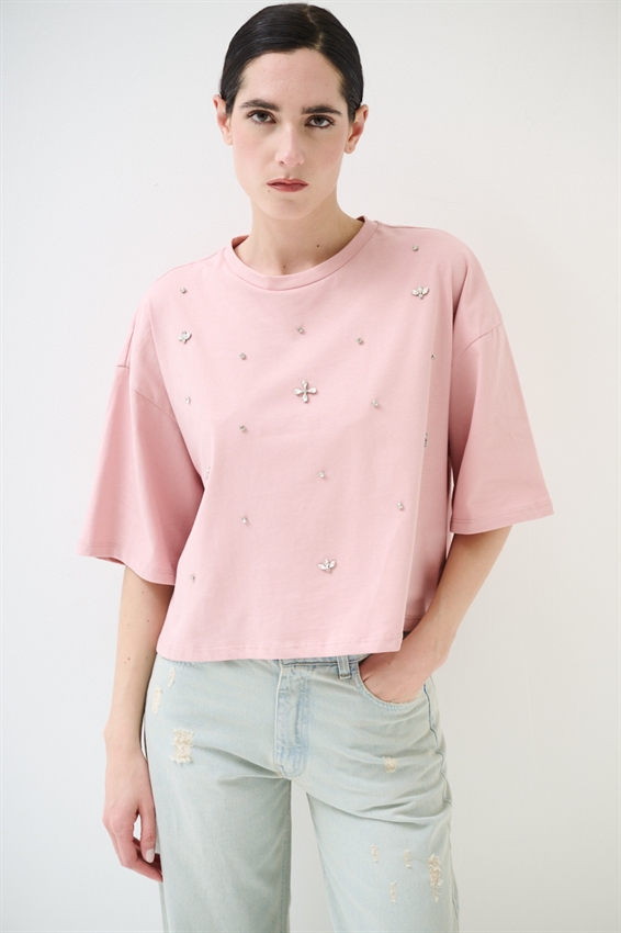 T-SHIRT CON APPLICAZIONE CASTONI ROSA