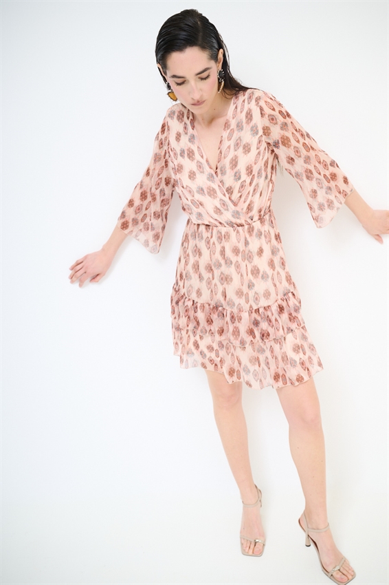 ABITO CORTO SCOLLO INCROCIO CON DOPPIA BALZA STAMP BURRO