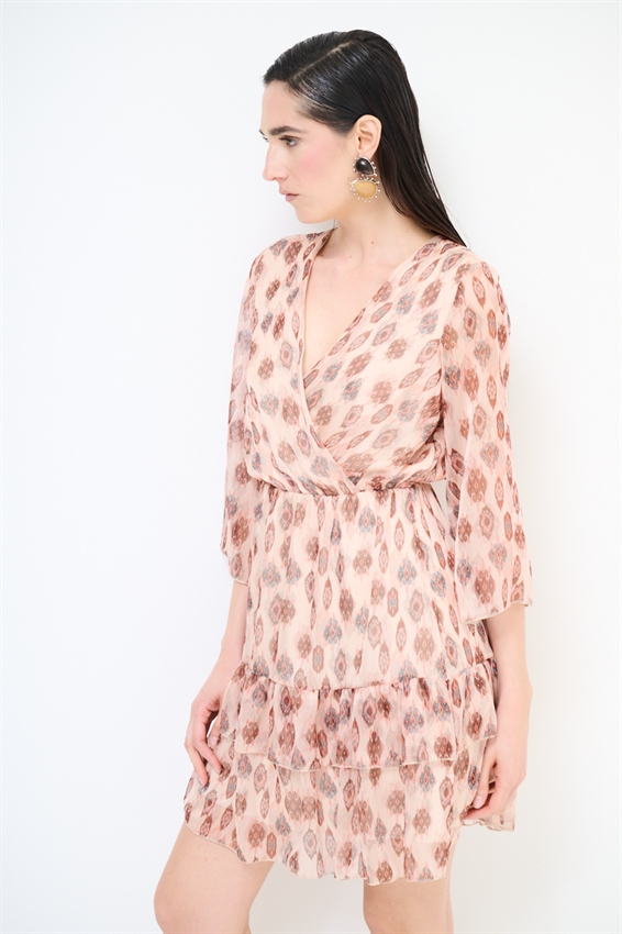 ABITO CORTO SCOLLO INCROCIO CON DOPPIA BALZA STAMP BURRO