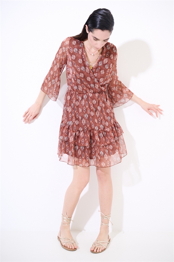 ABITO CORTO SCOLLO INCROCIO CON DOPPIA BALZA STAMP TABACCO