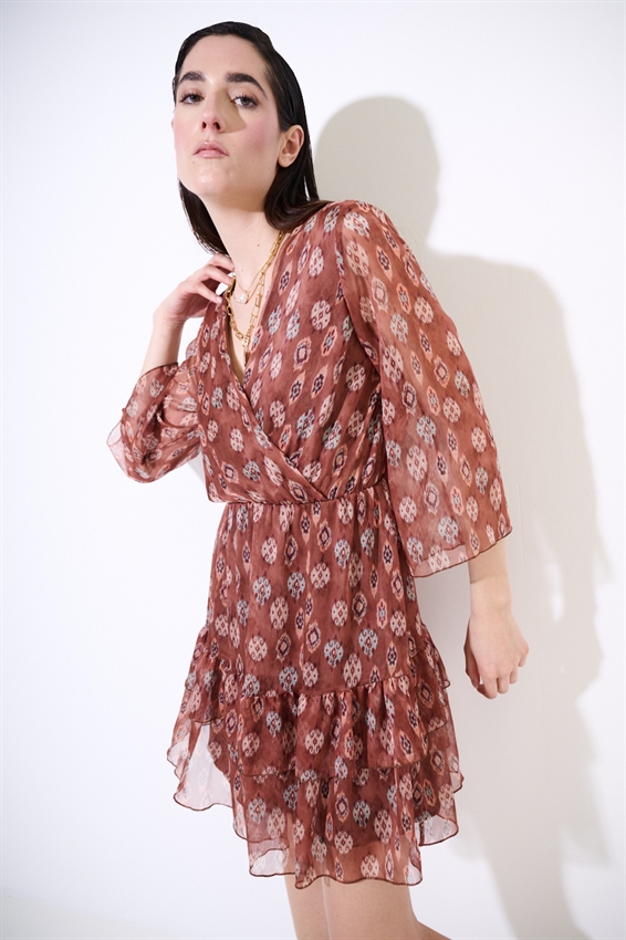 ABITO CORTO SCOLLO INCROCIO CON DOPPIA BALZA STAMP TABACCO