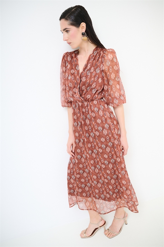 ABITO LUNGO PUNTO SMOCK IN VITA STAMPATO