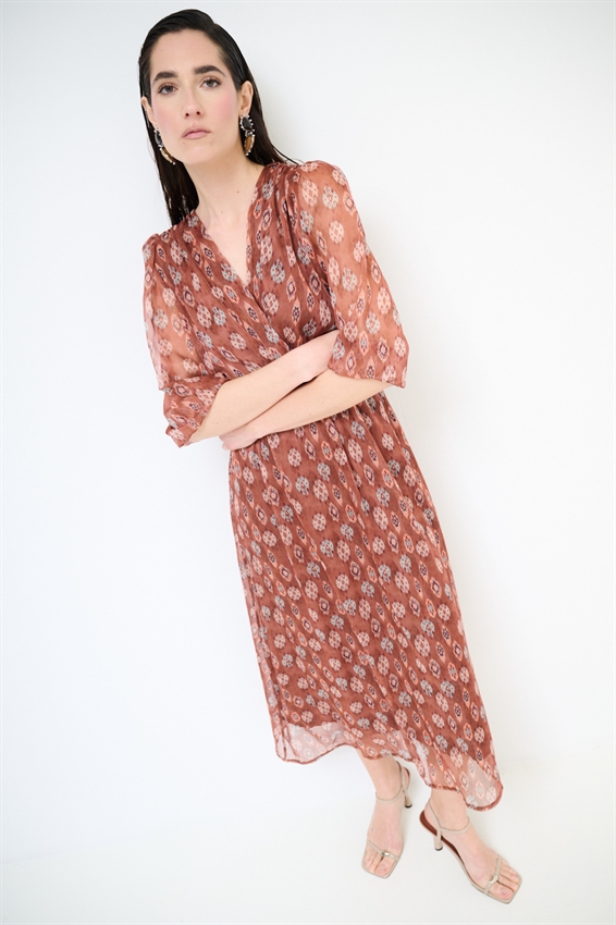 ABITO LUNGO PUNTO SMOCK IN VITA STAMPATO TABACCO