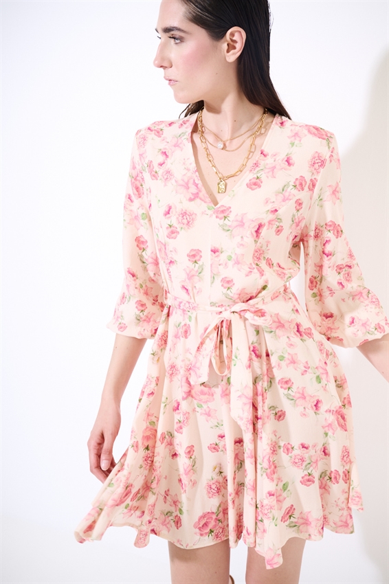 ABITO CORTO CON SCOLLO A V E CINT. A FANTASIA ROSA