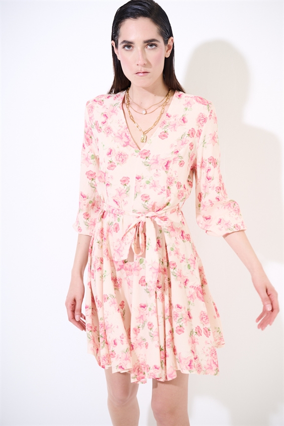 ABITO CORTO CON SCOLLO A V E CINT. A FANTASIA ROSA