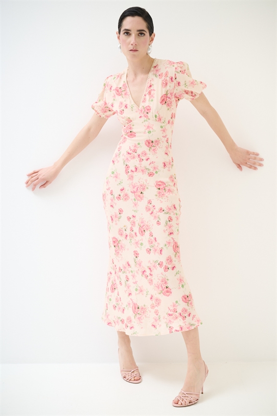 ABITO LUNGO CON SCOLLO A V E PASSAMANERIA A FANT. ROSA