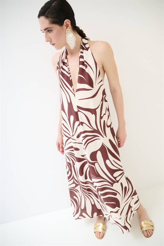 ABITO LUNGO CON FIOCCO DIETRO COLLO A FANTASIA MORO