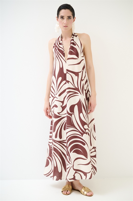 ABITO LUNGO CON FIOCCO DIETRO COLLO A FANTASIA MORO