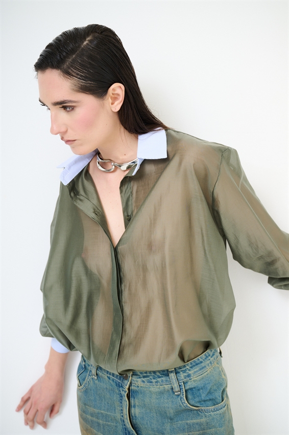 CAMICIA LYOCELL CON COLLETTO RIGATO