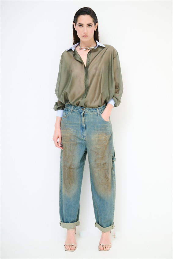 CAMICIA LYOCELL CON COLLETTO RIGATO