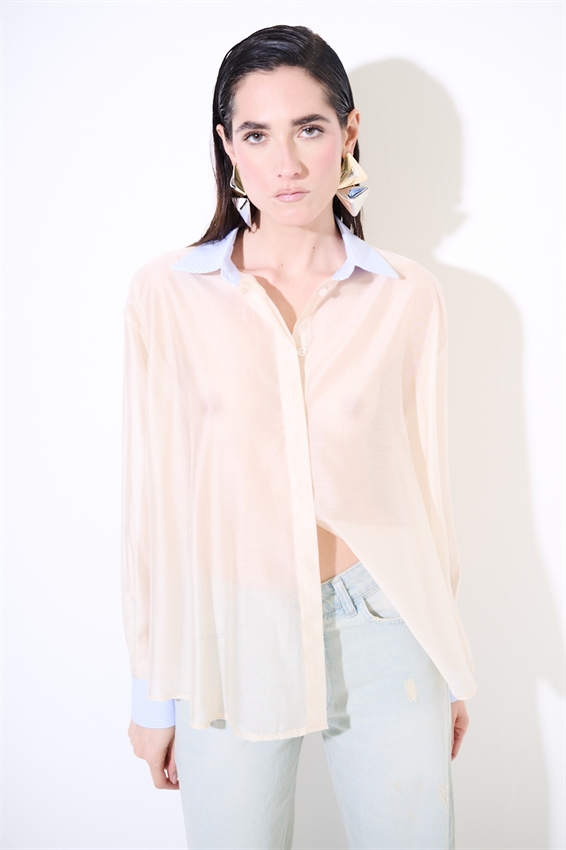 CAMICIA LYOCELL CON COLLETTO RIGATO BURRO