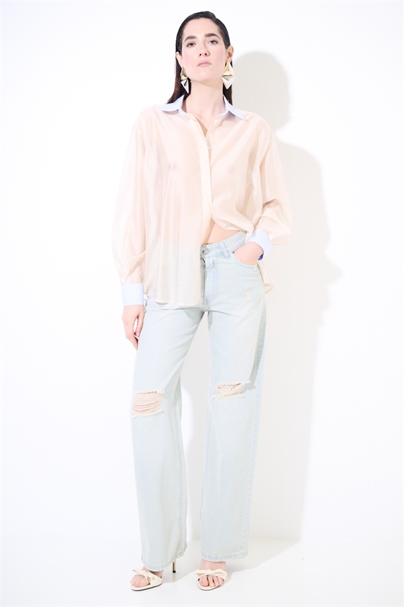 CAMICIA LYOCELL CON COLLETTO RIGATO BURRO