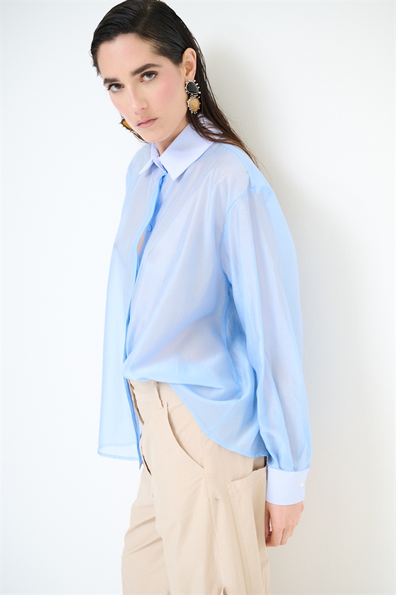 CAMICIA LYOCELL CON COLLETTO RIGATO CELESTE
