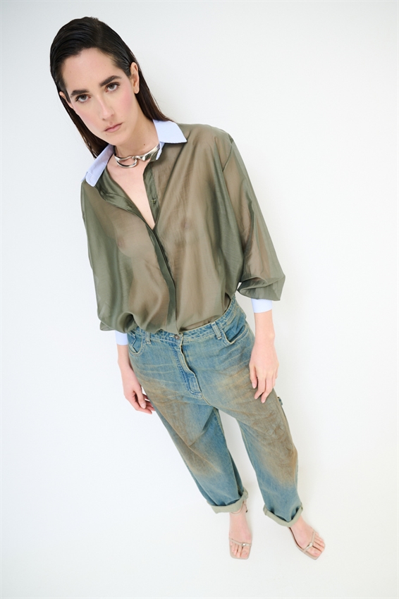 CAMICIA LYOCELL CON COLLETTO RIGATO VERDE MILITARE