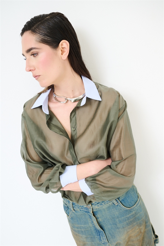 CAMICIA LYOCELL CON COLLETTO RIGATO VERDE MILITARE