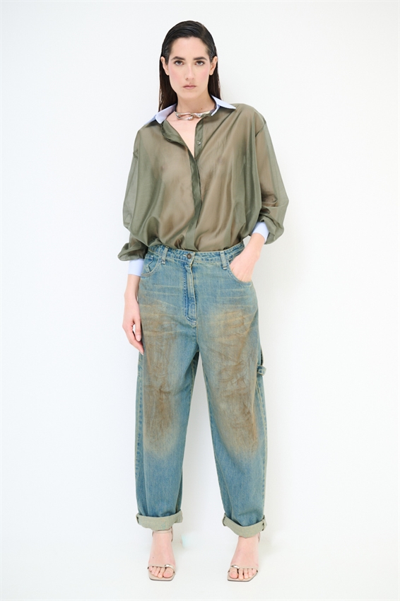 CAMICIA LYOCELL CON COLLETTO RIGATO VERDE MILITARE