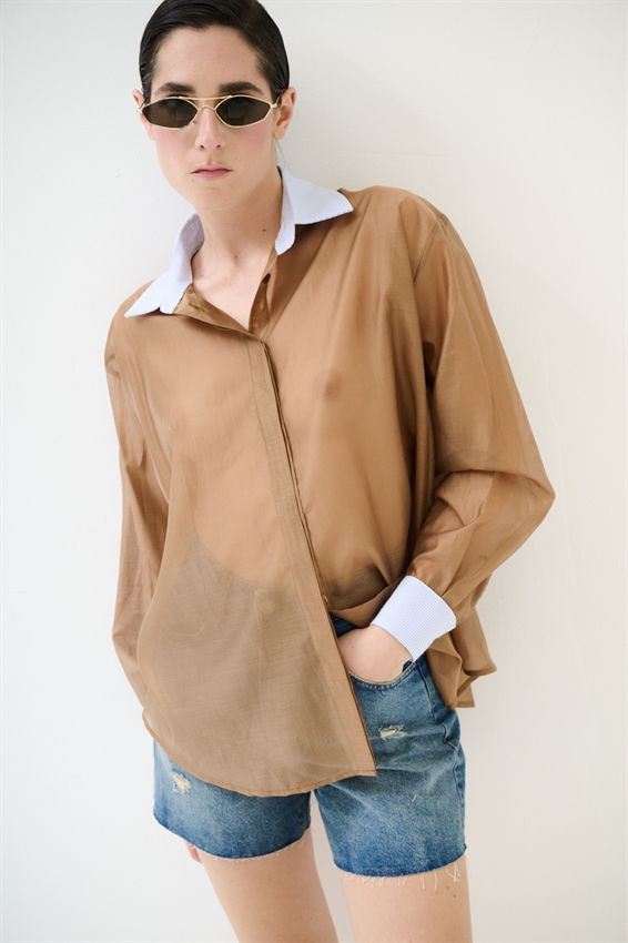 CAMICIA LYOCELL CON COLLETTO RIGATO TABACCO