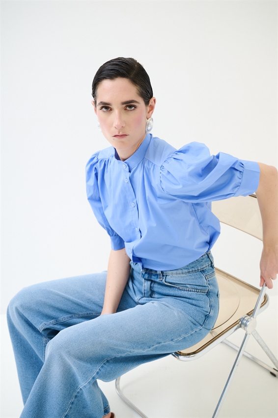 CAMICIA MEZZA MANICA CON COLLO COREANA CELESTE