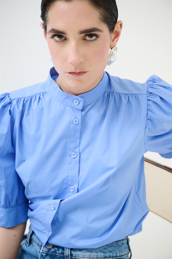 CAMICIA MEZZA MANICA CON COLLO COREANA CELESTE