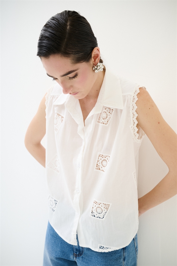 CAMICIA SMANICATA IN PIZZO IN COTONE