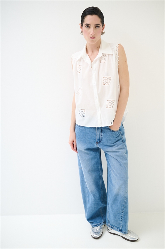 CAMICIA SMANICATA IN PIZZO IN COTONE