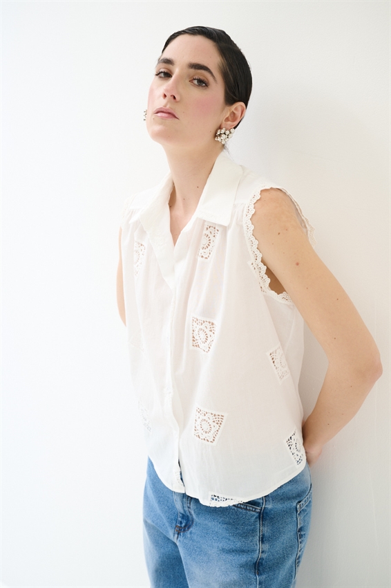 CAMICIA SMANICATA IN PIZZO IN COTONE