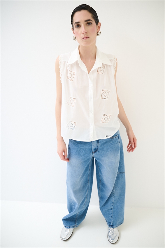 CAMICIA SMANICATA IN PIZZO IN COTONE