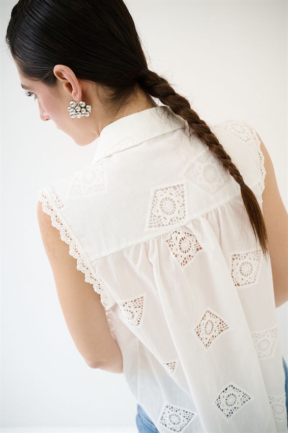 CAMICIA SMANICATA IN PIZZO IN COTONE BIANCO