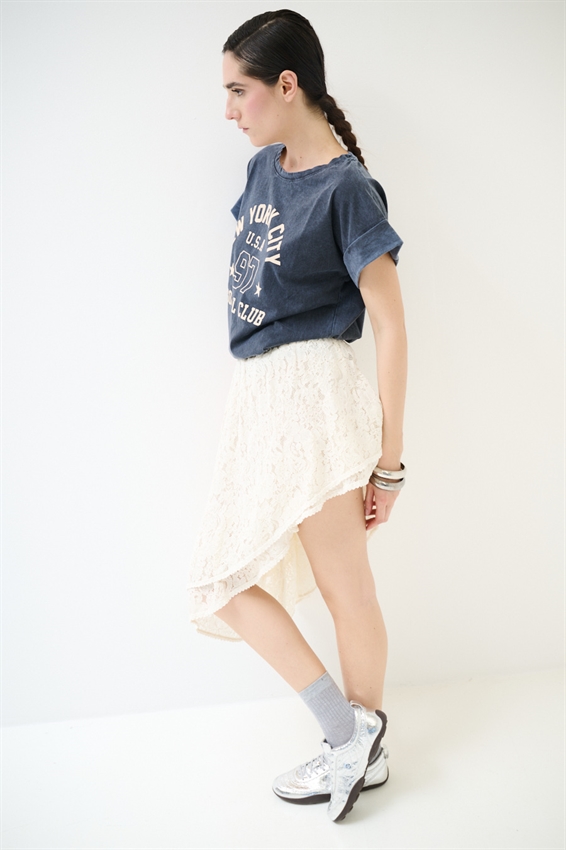 GONNA ASIMMETRICA IN PIZZO CON DOPPIA BALZA BURRO