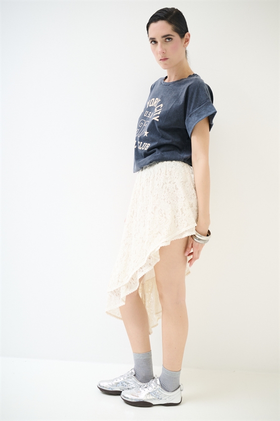 GONNA ASIMMETRICA IN PIZZO CON DOPPIA BALZA BURRO