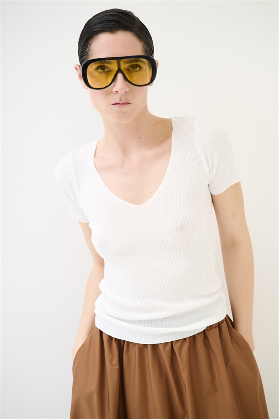 MAGLIA SCOLLO V A COSTINE E MEZZA MANICA BIANCO