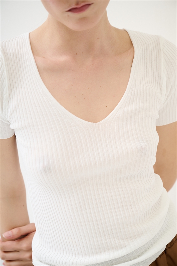 MAGLIA SCOLLO V A COSTINE E MEZZA MANICA BIANCO