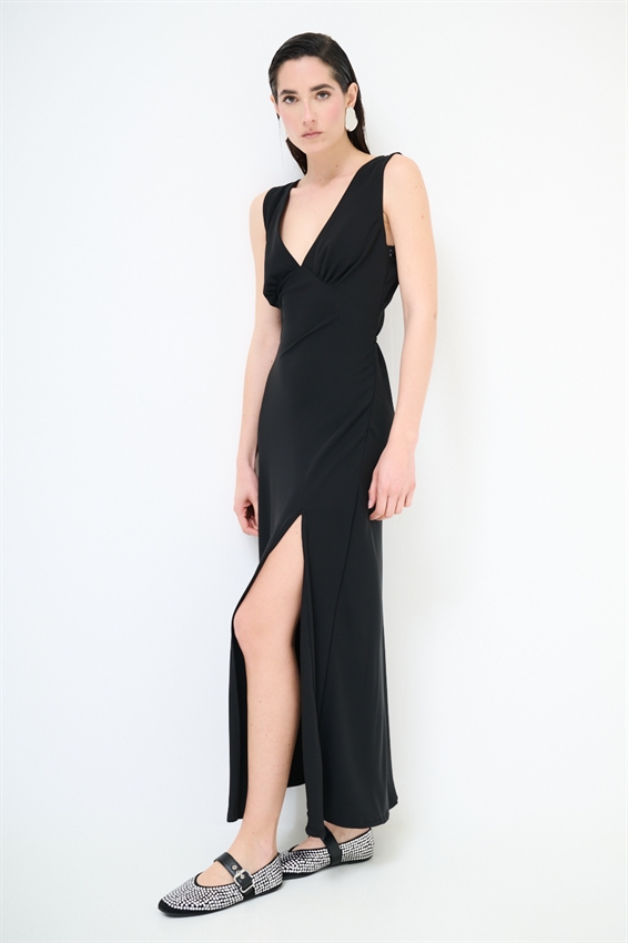 ABITO LUNGO SMANICATO CON SPACCO TESSUTO FLUIDO NERO