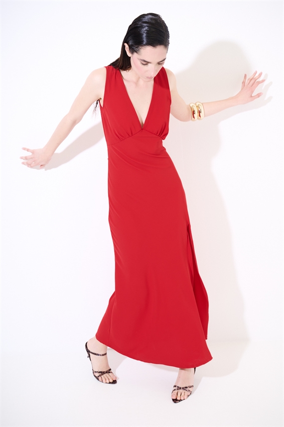 ABITO LUNGO SMANICATO CON SPACCO TESSUTO FLUIDO ROSSO